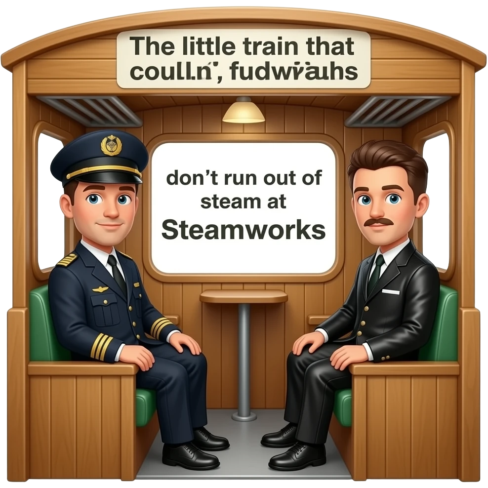 Print text: "The little train that couldn't, don't run out of steam at SteamWorks". Image of Gay leatherman train conductor, gay leatherman passengers on the little train that couldn't. emoji