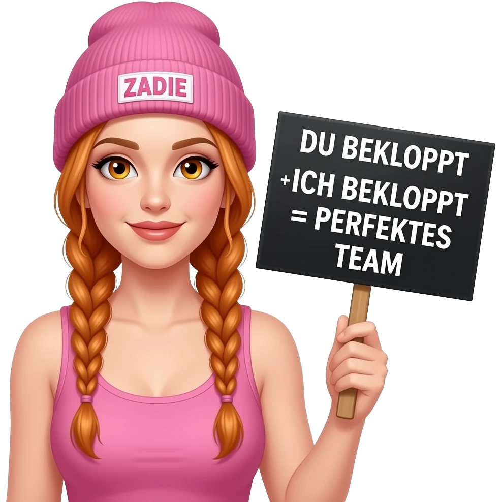 sexy girl with overlong ginger braids and ginger eyes wearing a pink tanktop and a pink beanie with ZADIE written on it, is holding a black sign with DU BEKLOPPT + ICH BEKLOPPT = PERFEKTES TEAM written on it emoji