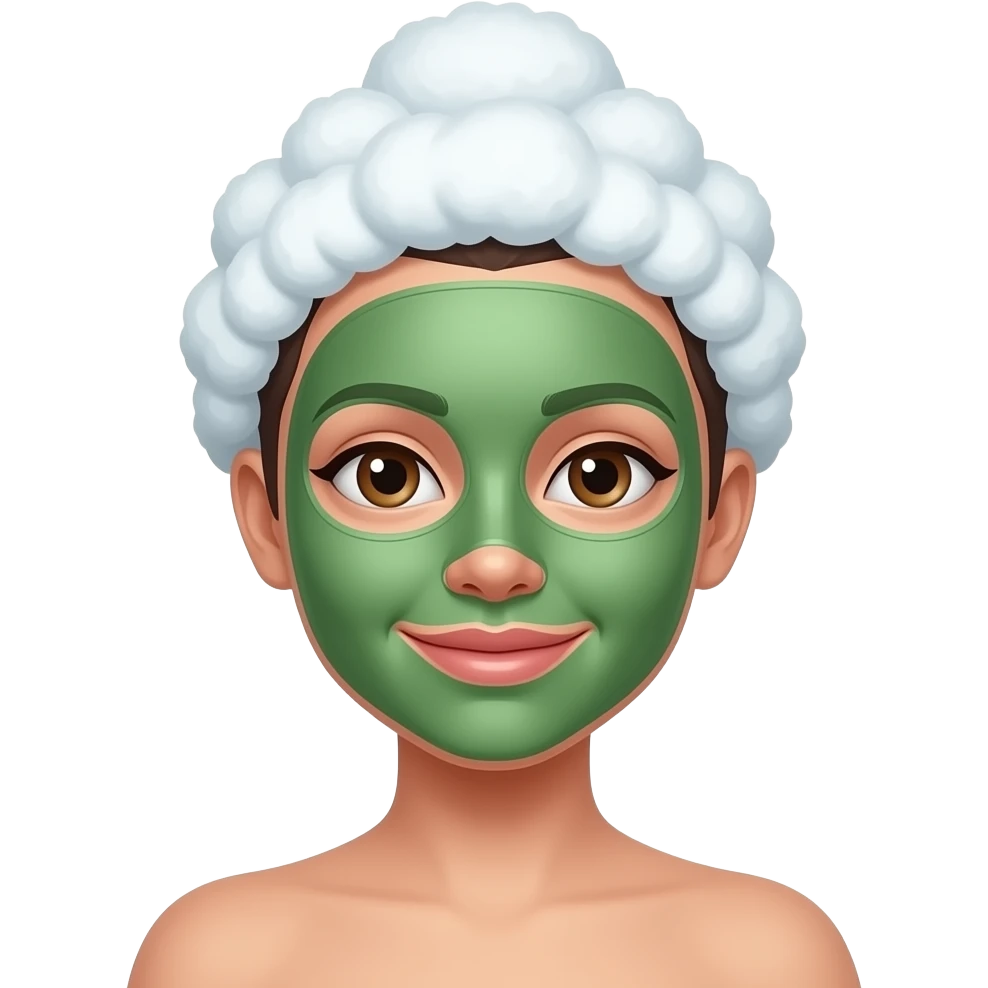 فتاة برأسها قبعة استحمام وعلى وججها ماسك باللون الاخضر بدون جزئية الملابس فقط و emoji