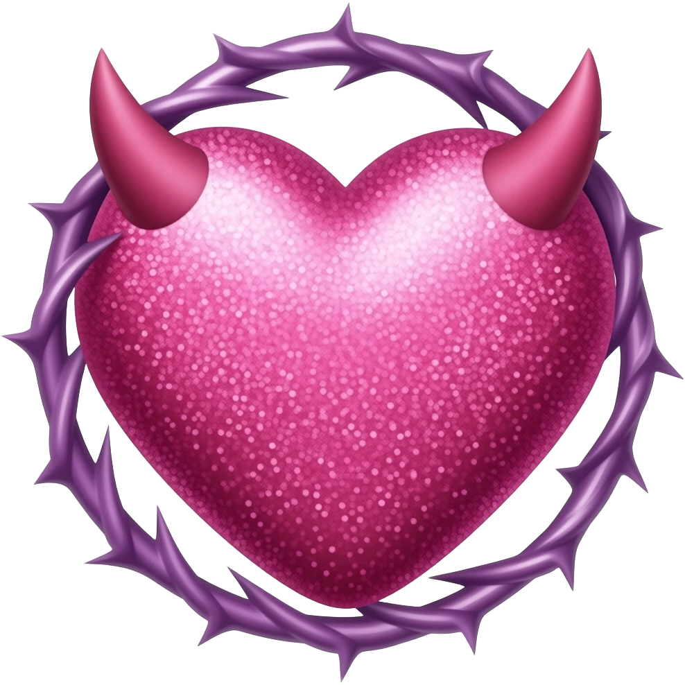 pink glittery heart with demon horns with a purple thorn border, y2k, glam emoji