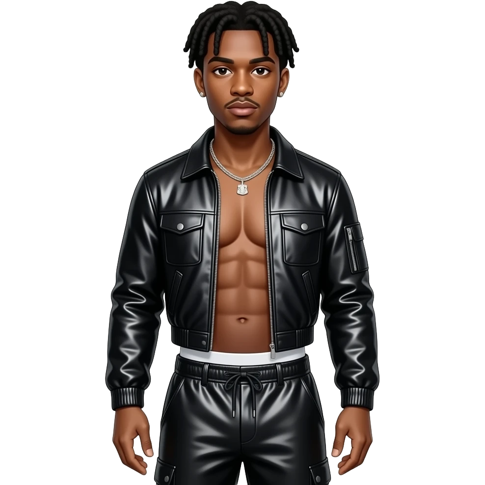 NBA YoungBoy from behind with black metallic jacket crop top, black metallic saggy pants with white undies, shirtless with necklace emoji