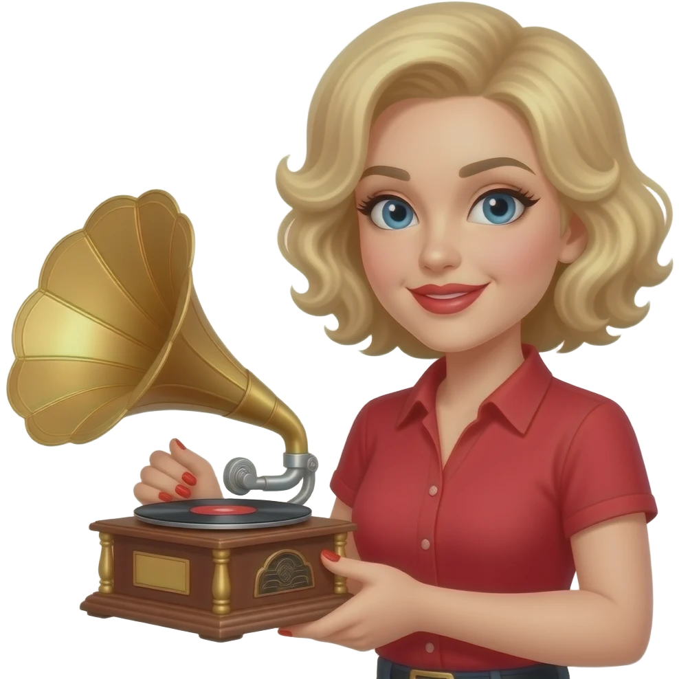 above neck Short blonde curly hair holding a victrola with red nails, in a red short sleeve shirt, red lipstick, black eyebrows emoji