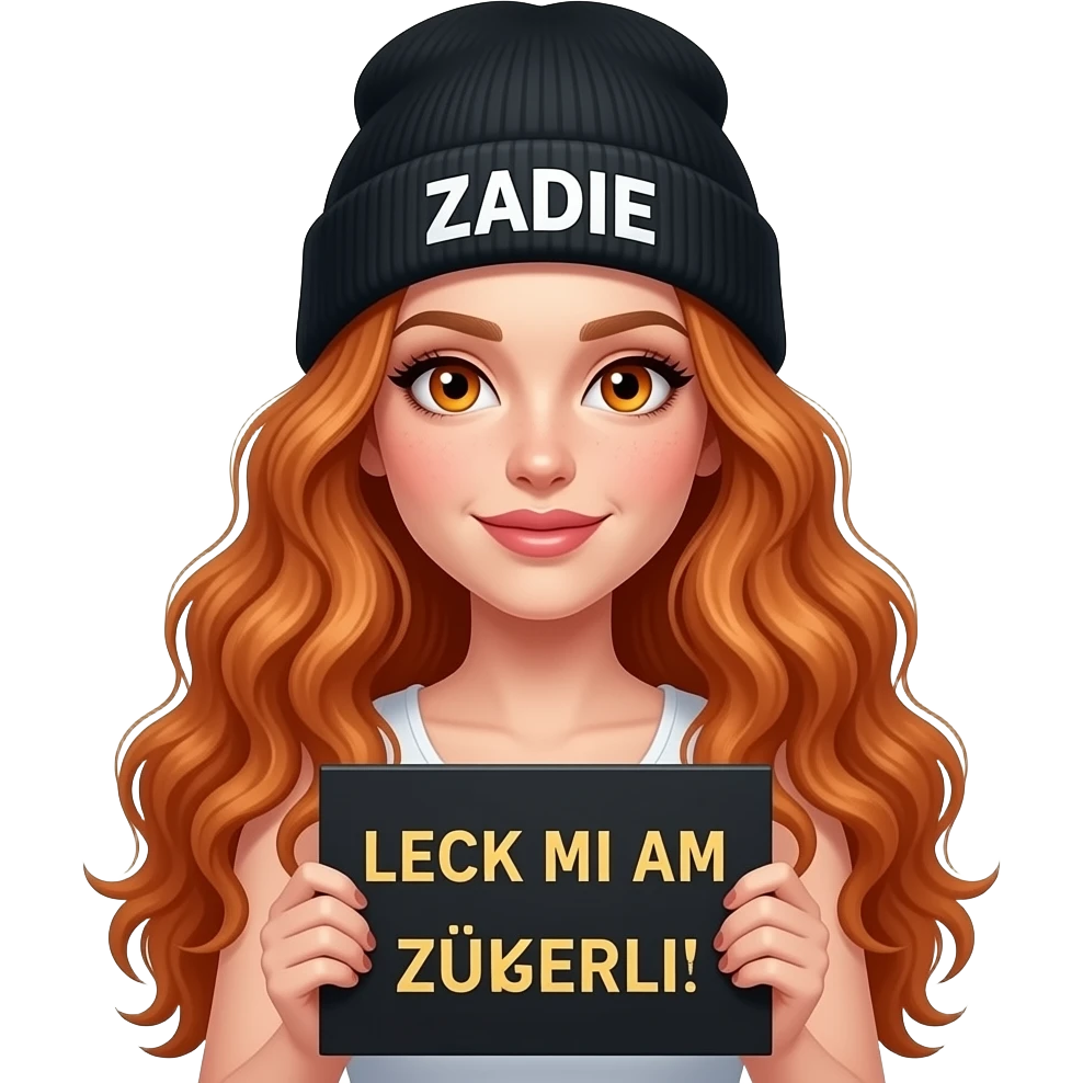 sexy girl with overlong wavy ginger hair and ginger eyes wearing a white tanktop and a black beanie with ZADIE written on it is holding a black sign with just LECK MI AM ZÜCKERLI on it emoji