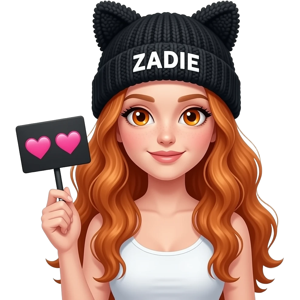 sexy girl with overlong wavy ginger hair and ginger eyes wearing a white tanktop and a black pom pom hat with cat ears with ZADIE written on it is holding a black sign with 💟💟💟 on it emoji