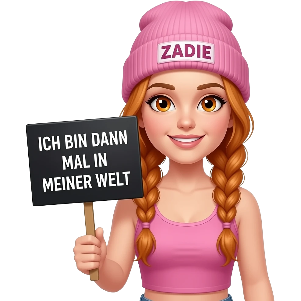 sexy girl with overlong ginger braids and ginger eyes wearing a pink tanktop and a pink beanie with ZADIE written on it, is holding a black sign with ICH BIN DANN MAL IN MEINER WELT written on it emoji