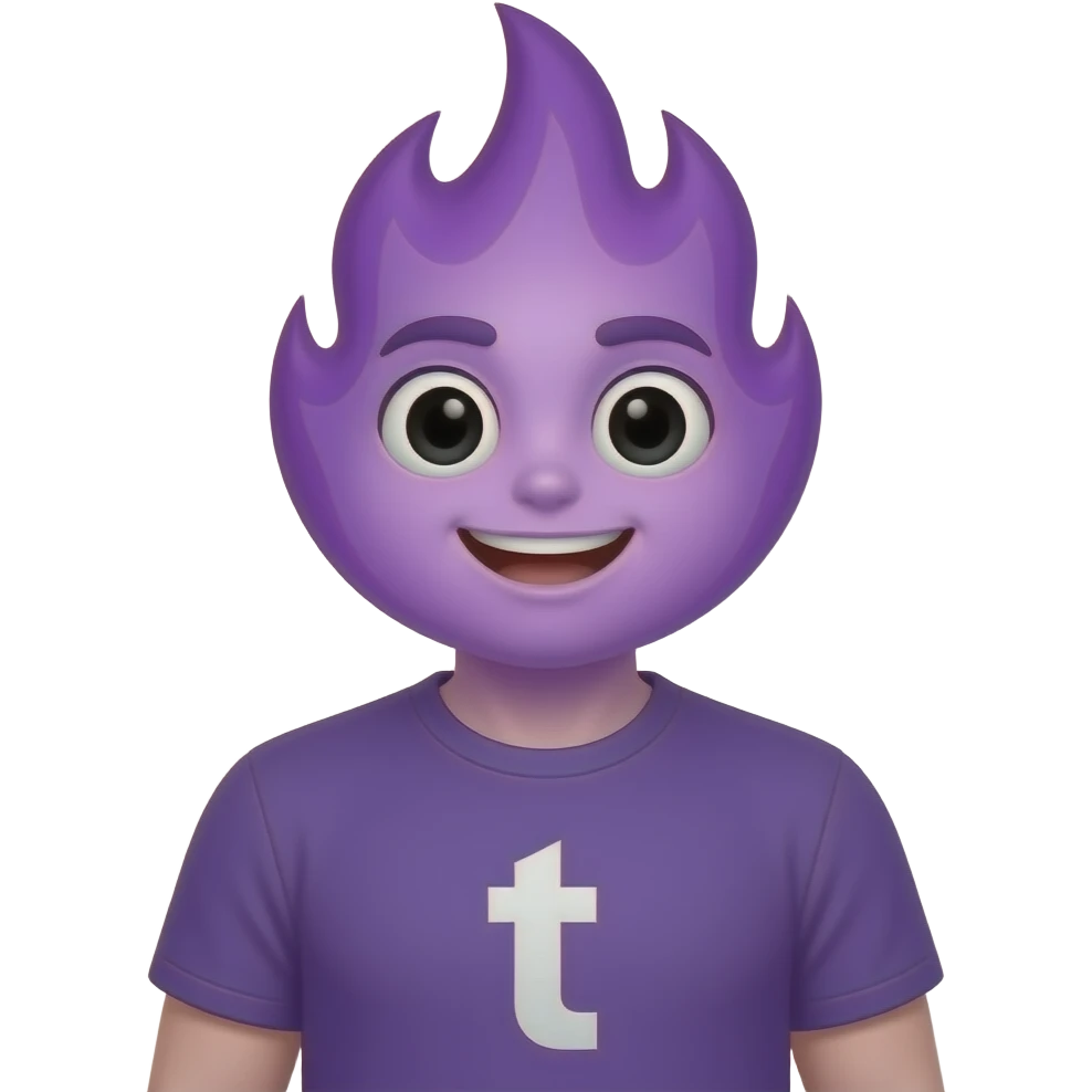 a giant purple fire emoji wearing a tshirt emoji