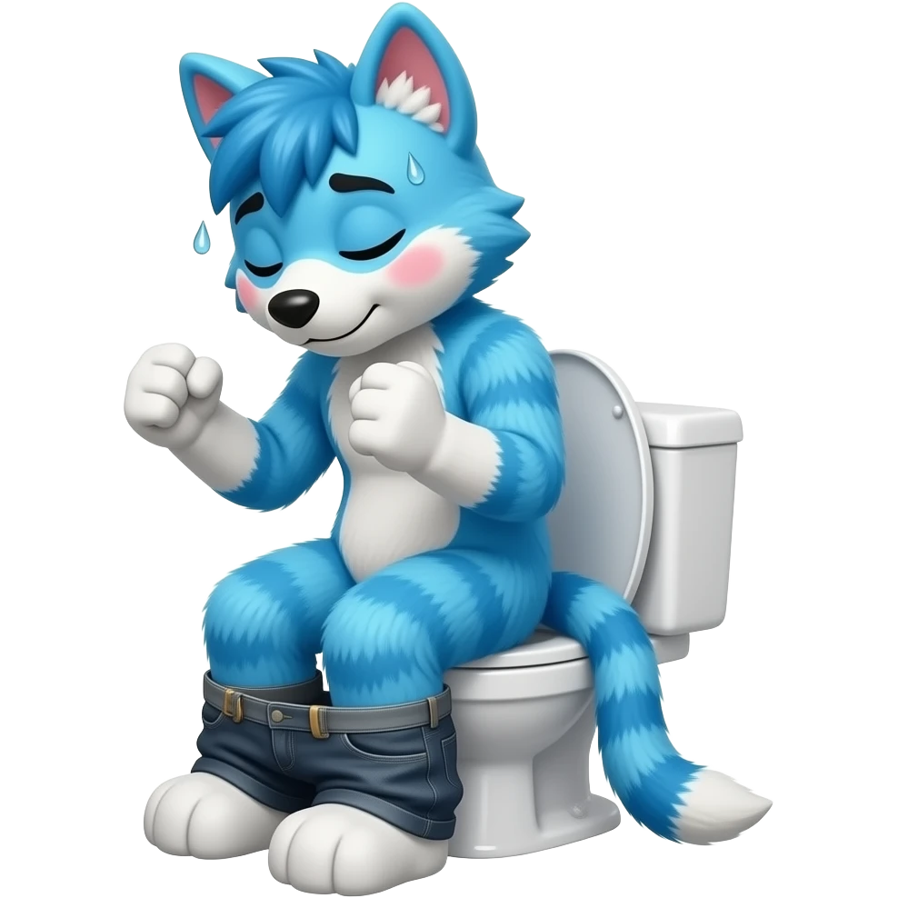 blue fursuit sitting on toilet, pants down, side view , both fists , uncomfortable, squeezing, straining, sweating, red cheeks, eyes closed emoji