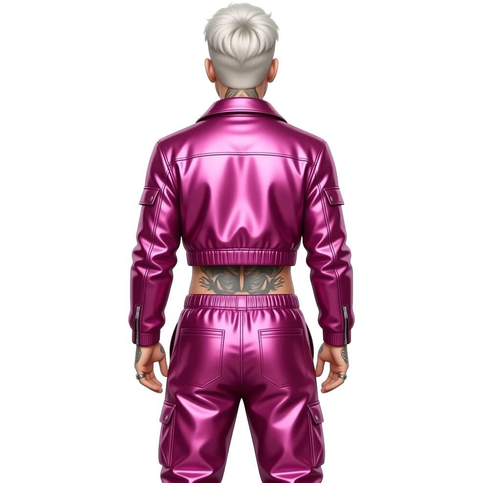 Machine Gun Kelly from behind with white blonde hair, hot pink metallic jacket crop top, hot pink metallic baggy joggers emoji