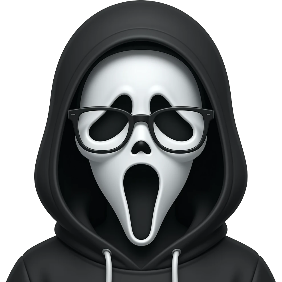 Girl with black hair and glasses with Ghostface doll emoji