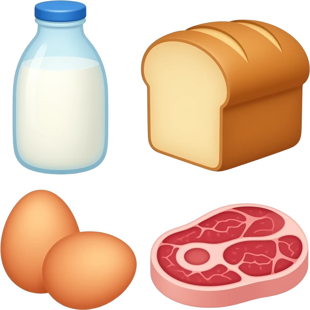 Milk, bread, eggs, and meat emoji