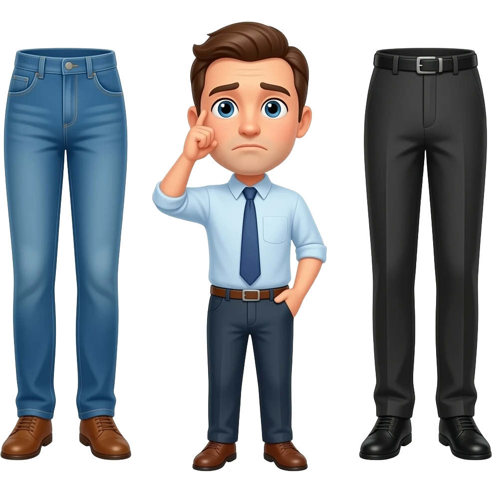 Man puzzled deciding between jeans or slacks emoji