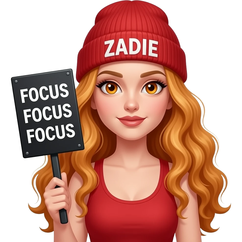 sexy girl with overlong wavy ginger hair and ginger eyes wearing a red tanktop and a red beanie with ZADIE written on it, is holding a black sign with FOCUS FOCUS FOCUS written on it emoji