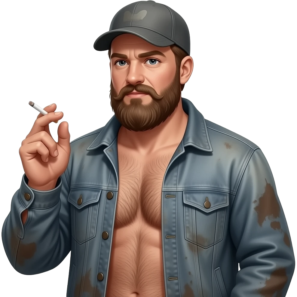 Erstelle ein Portrait von einem nackten Trucker, Körper stark behaarten, ein über den Bauch gezogenes, verschwitztes hellgraues, dreckigen enges tangtop, wo der runde dicke Bauch raus hängt. er hat ein langen Bart und einen altes basecap und er hält eine Zigarette in der Hand emoji