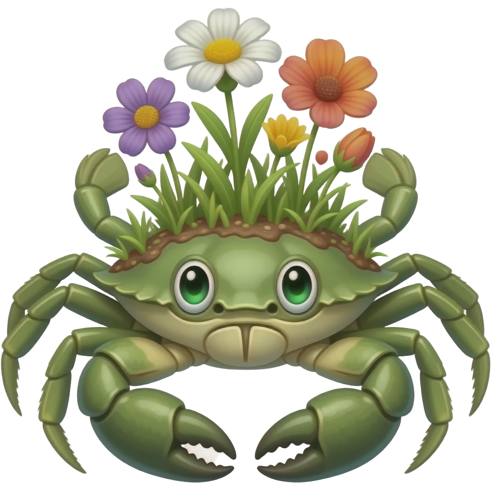 A green crab with flowers growing on its back facing forward with green growing eyes emoji
