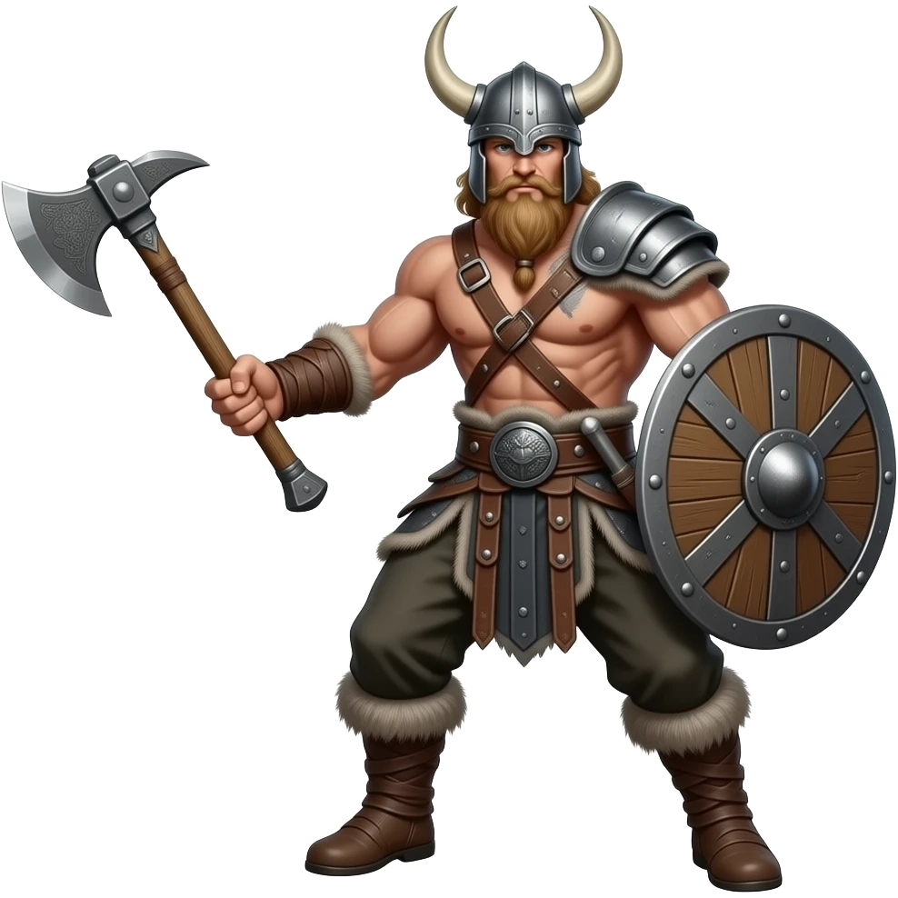 Vikinger mit nackten maskulinen Oberkörper und einer behaarten und starker Brust, mit Leder Riemen und Schulterpanzer. Er schwinkt eine Axt und trägt ein Helm mit Hörnern emoji