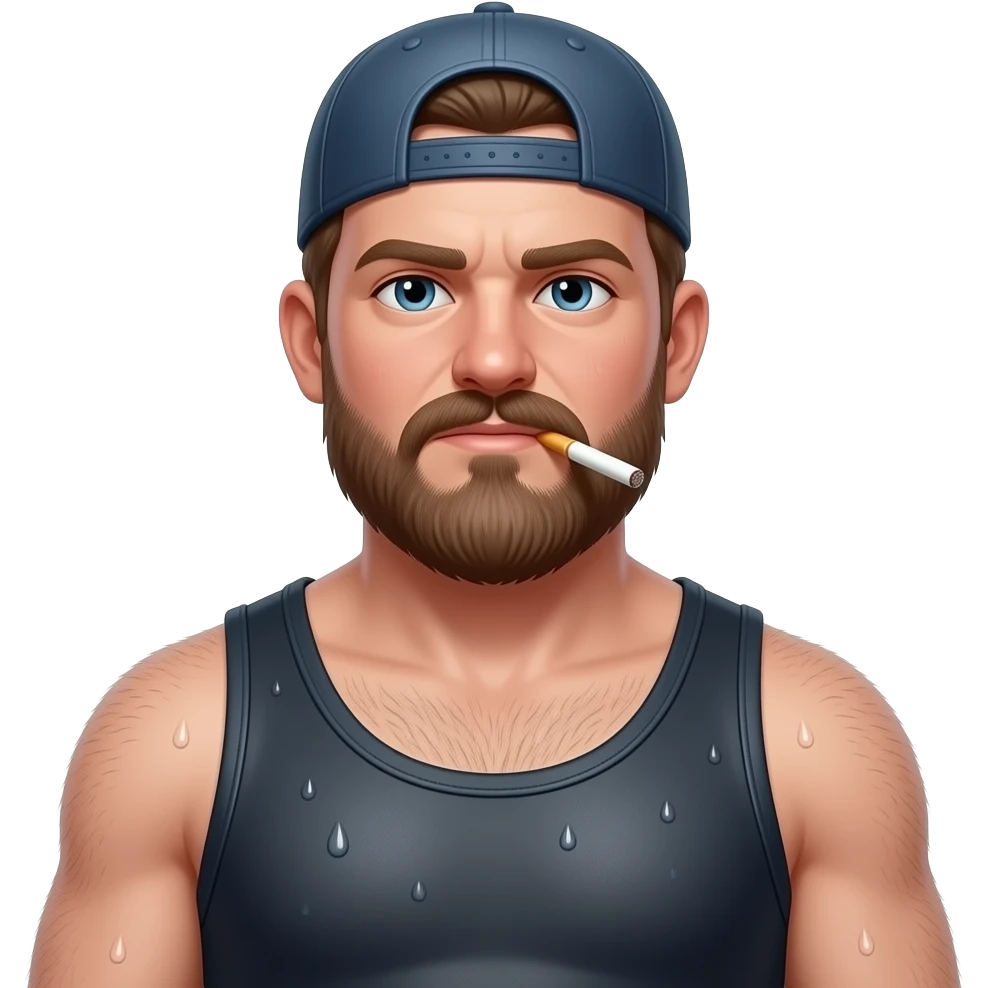 Erstelle ein Portrait von einem nackten, dicken  behaarten typischen trucker im verschwitzten engen tangtop mit Bart und einem alten basecap und er hat eine Zigarette im mind emoji