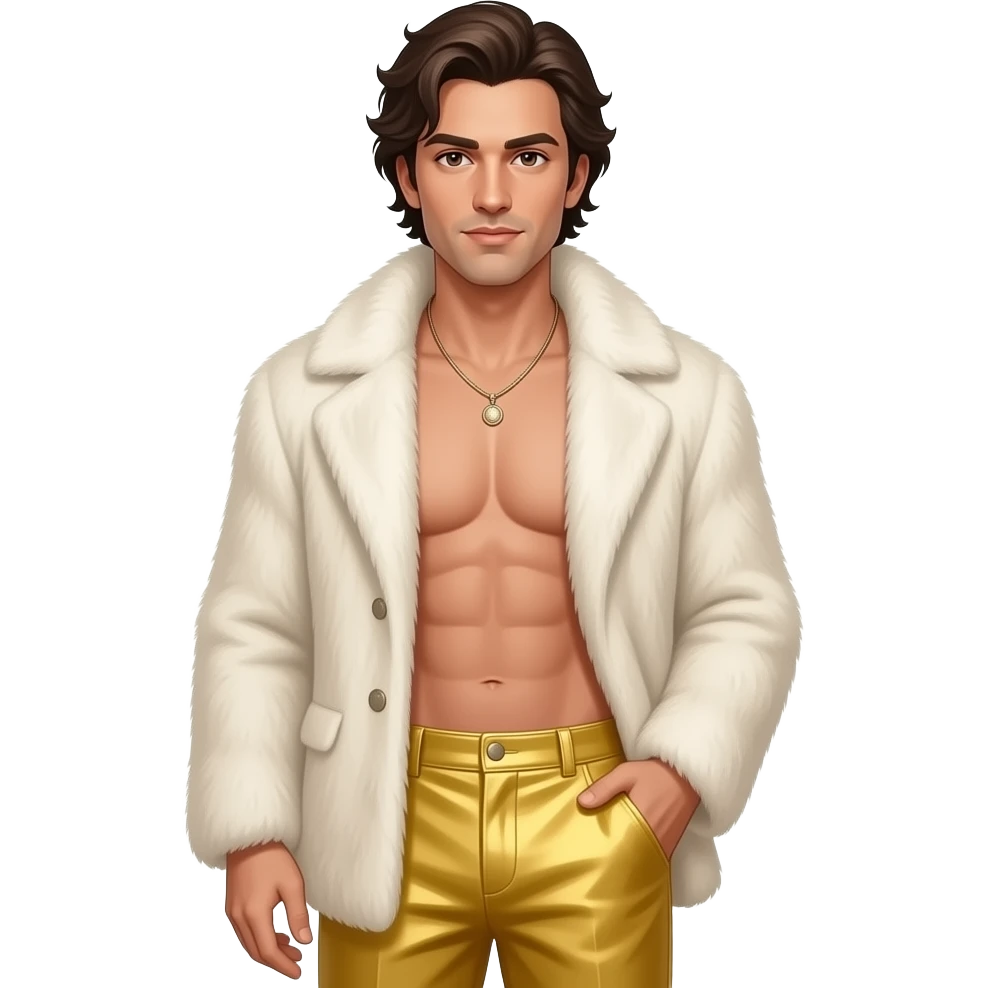 John Saxon with brown eyes, dark brown hair, ivory fur shawl, yellow metallic baggy pants, shirtless with necklace emoji