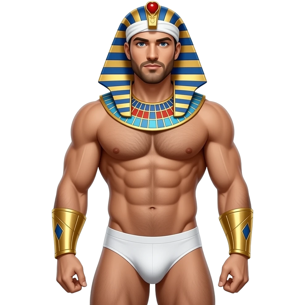 full body egyptian-theme male superhero clothless figure with body hair and only white ghutra and muscular hairy build in thin, narrow underwear with bulge emoji