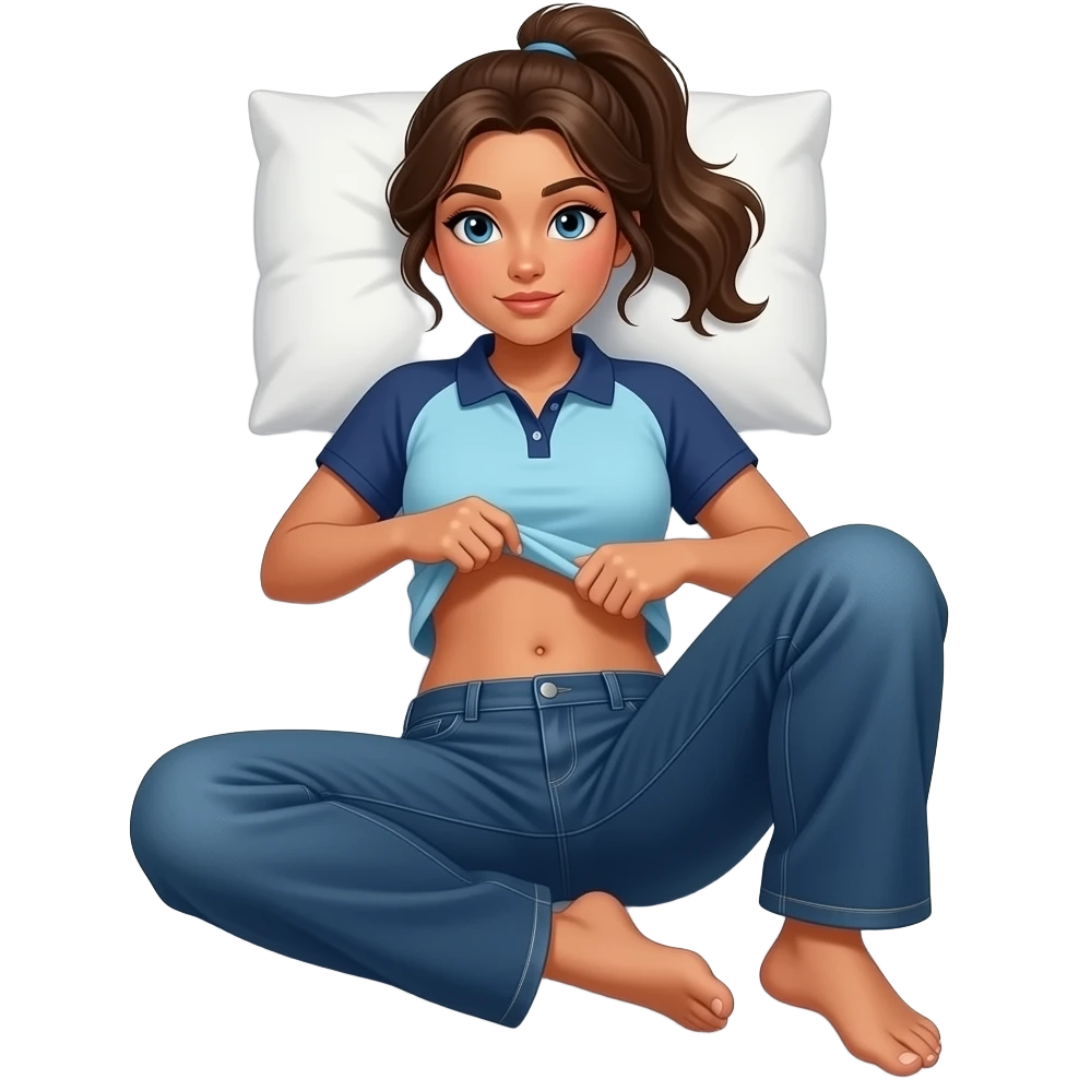 Hispanic girl with brown ponytail and blue eyes light blue and dark blue polo and dark blue baggy jeans and belly button laying down on her pillow on her bed showing her feet lifting her shirt emoji