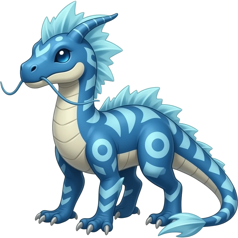 scaly shiny frilled raptorik finned patterned blue tribal-patterned digitigrade quadrupedal Vaporeon-Salandit-Glaceon-hybrid with long thin dragon whiskers emoji