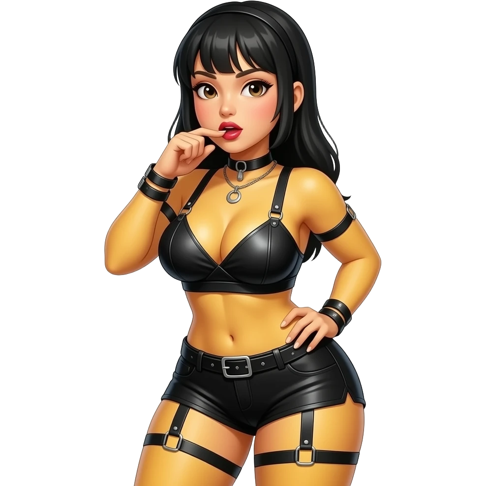 Shorts curvy asian slave girl with asian yellow tone in bdsm outfit giving a blowjob emoji