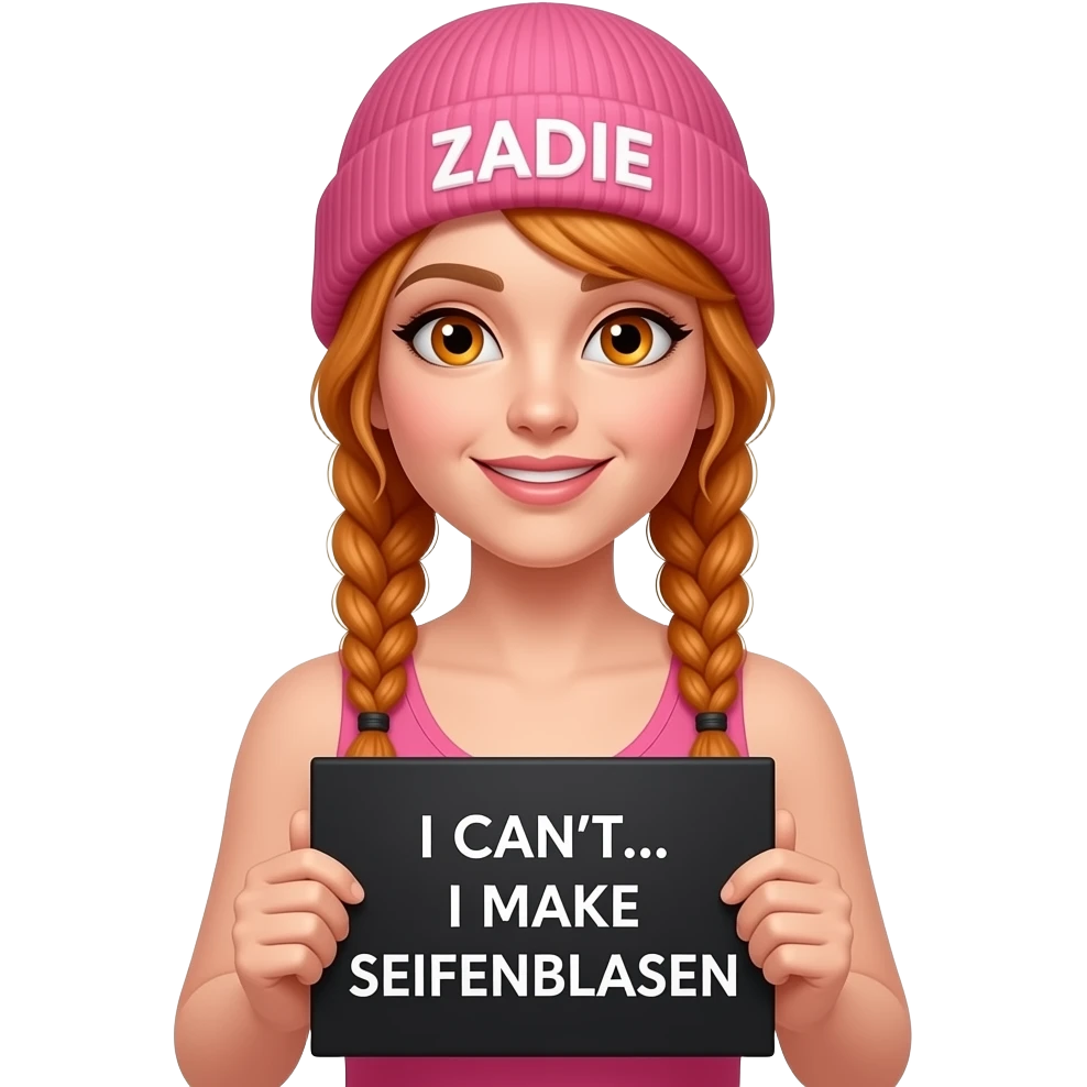 sexy girl with overlong ginger braids and ginger eyes wearing a pink tanktop and a pink beanie with ZADIE written on it, is holding a black sign with ICH KANN NICHT... ich mache SEIFENBLASEN written on it emoji