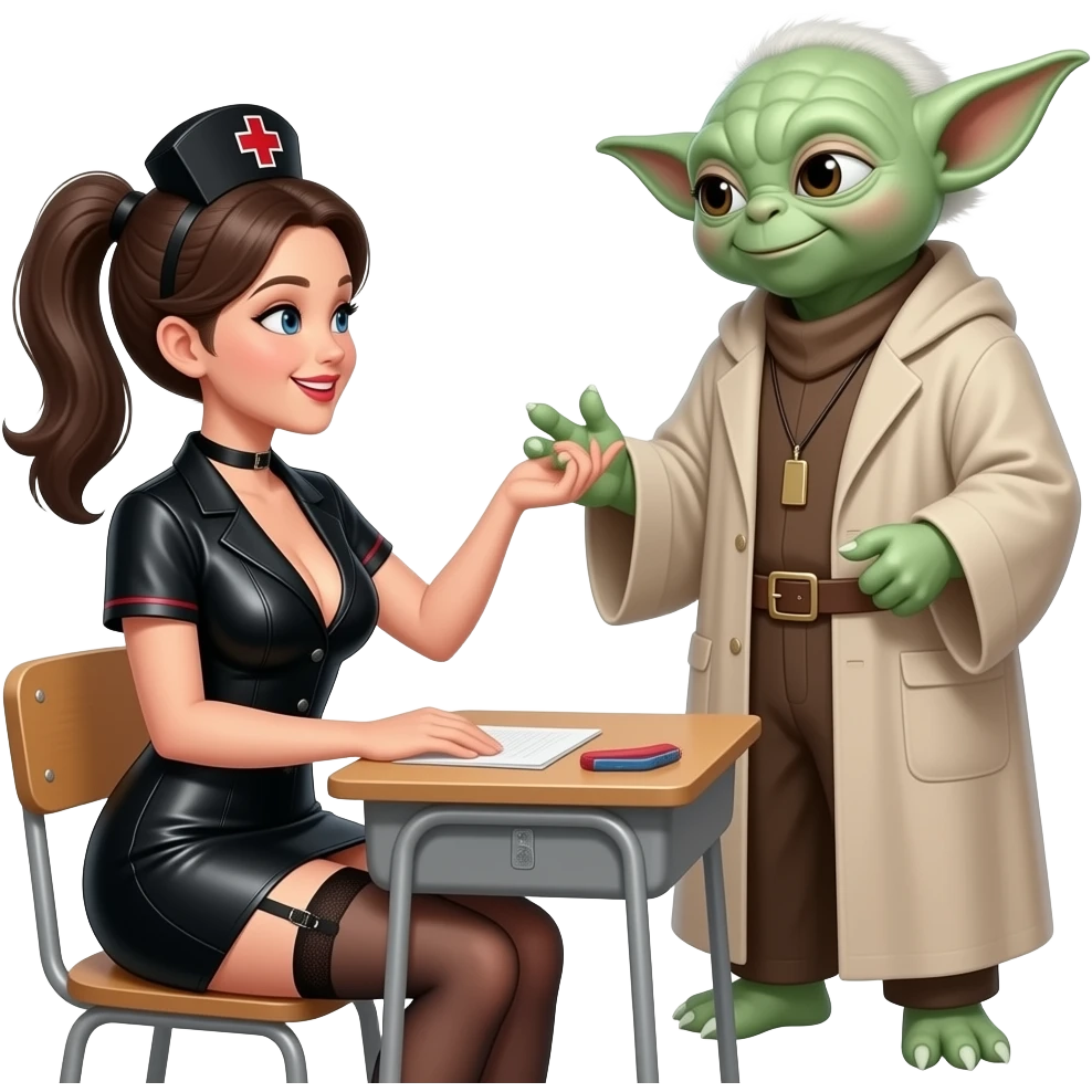 Pony tailed nurse with all black skimpy outfit,garter belt and very large breasts, wearing a tight small, low cut black leather skirt, smiling with open mouth, sitting at school desk, facing a tall Yoda dressed as a tutor, holding one hand with Yoda, other hand in Yoda belt emoji