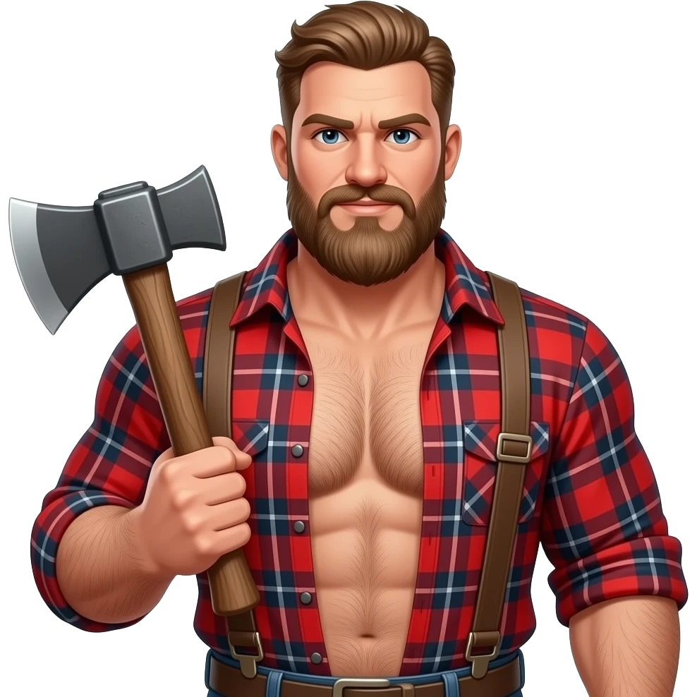 Erstelle ein Portrait von einem muskulösen nackten Mann typische Aussehenden Lumberjack, er ist sehr behaarten, maskulinen Körper und Bart, seine Brust soll gut mit auf dem Bild zusehen sein und er hat eine Axt in der Hand und trägt Hosenträger und einem weit offenen rot kartierten Holzfällerhemd emoji