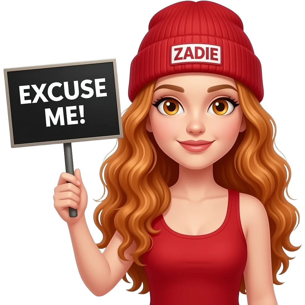 sexy girl with overlong wavy ginger hair and ginger eyes wearing a red tanktop and a red beanie with ZADIE written on it, is holding a black sign with EXCUSE ME! written on it emoji
