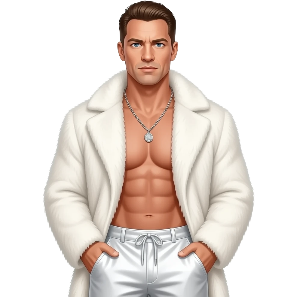 John Cena with blue eyes, brown hair, white fur coat, white metallic baggy pants, shirtless with necklace emoji