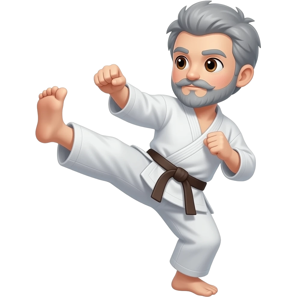 Short Grey hair with mustache doing a karate kick and brown eyes and Brown Belt emoji