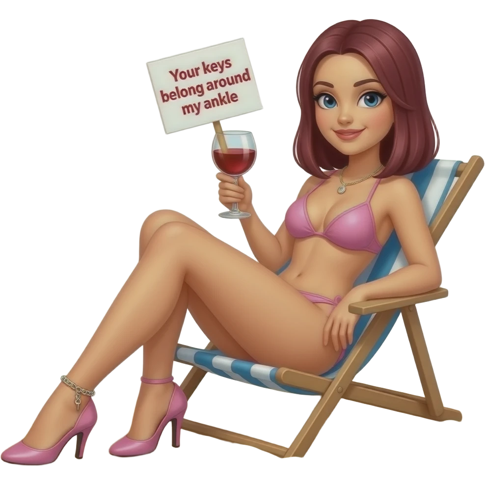 woman. burgundy, straight shoulder-length hair, sunbathing. baby pink bikini. high stiletto heels. Ankle chain with small key dangling from it. glass of red wine in one hand. sign in other hand that says "Your keys belong around my ankle". emoji