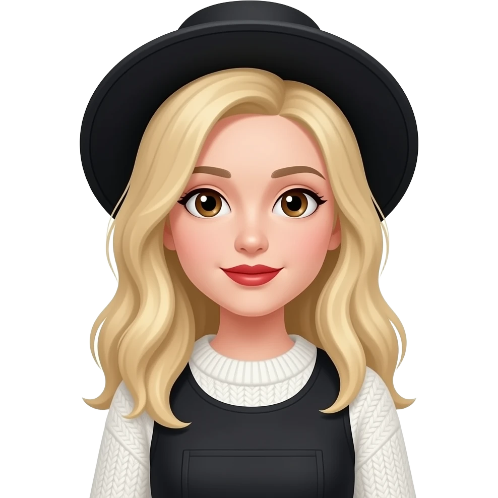 Niña de cabello rubio y sombrero negro y ojos café camiseta sin hombros negra y suéter blanca y labios rojos emoji