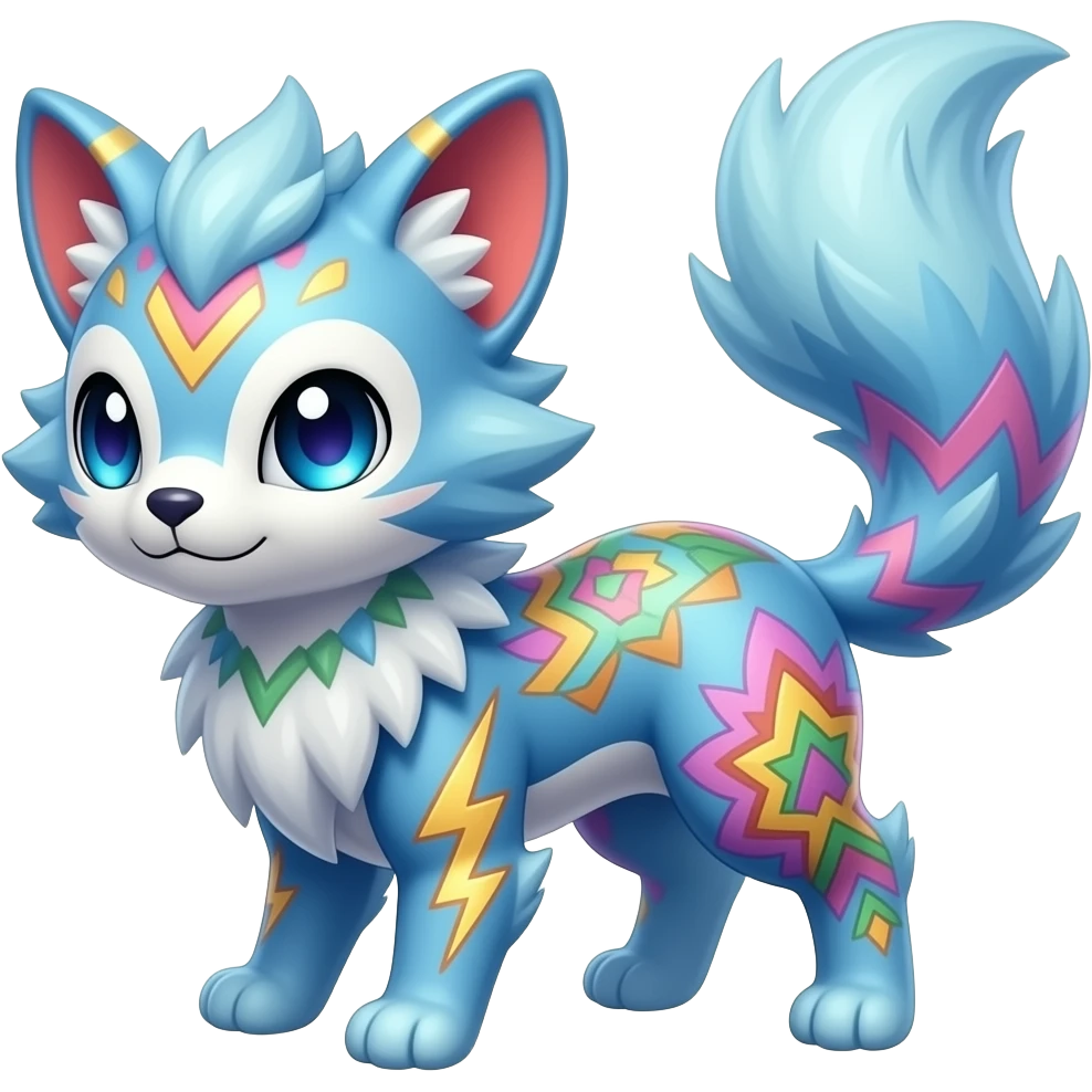 Colorful unique fantasy original shiny smooth soft flurry edgy cool Civet-Absol-Sprigatito-Vaporeon-Fakémon-hybrid with tribal chevron heart floral lightning bolt strikes damask paisley markings emoji