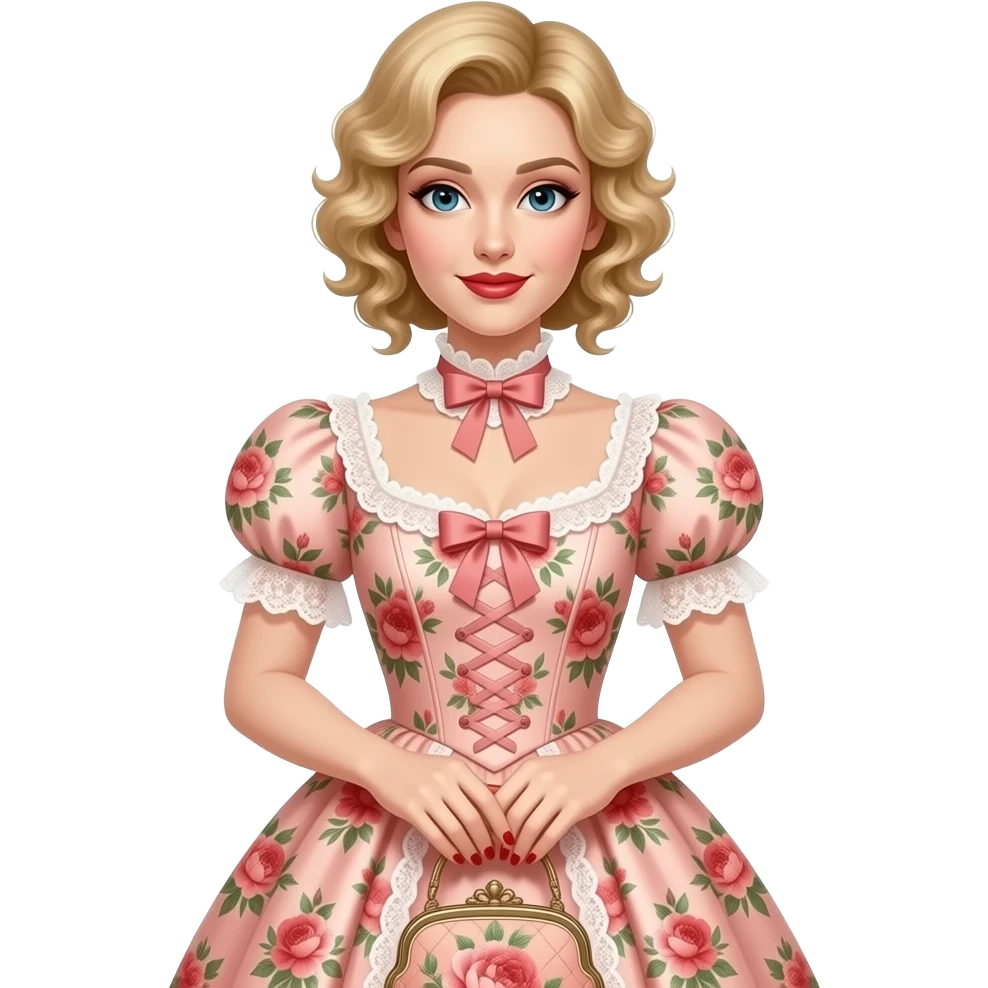Short blonde curly hair side swept red lipstick in a peach floral Victorian dress, red nails. holding a Victorian peach purse emoji