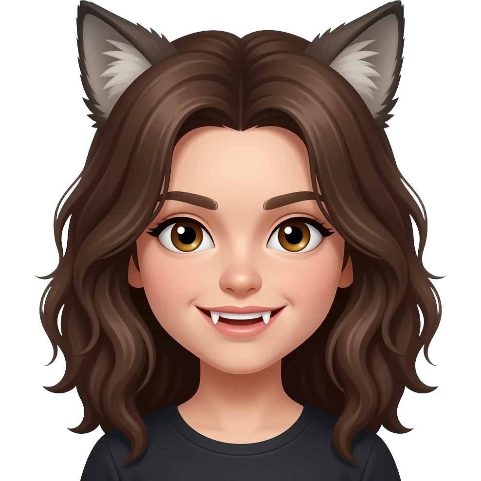 Werewolf girl with brown hair wavy hair, fangs teen emoji