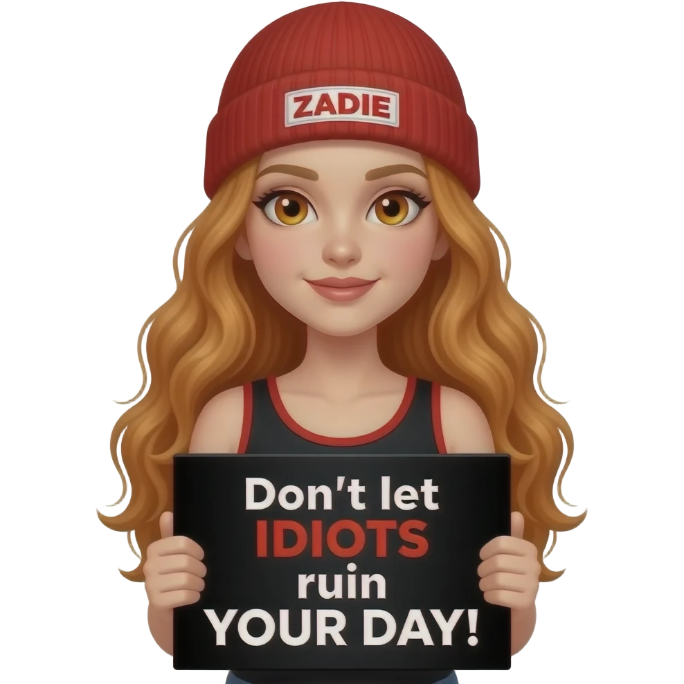 sexy girl with overlong wavy ginger hair and ginger eyes wearing a black red tanktop and a red beanie with ZADIE written on it, is holding a black sign with Don't let IDIOTS ruin YOUR DAY! written on it emoji