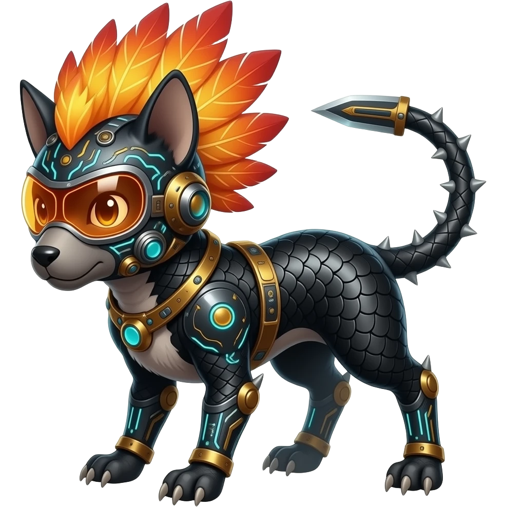 Cool edgy fiery cybernetic electrical visor-helmeted, Circuitry-patterned black-scaled digitigrade futuristic fantasy-Cyberpunk-Steampunk-Solarpunk-Genesect-Cyclizar-Salazzle-Protogen-Fakémon-animal-hybrid, with neon feather-mane, and a tail blade, back spikes emoji
