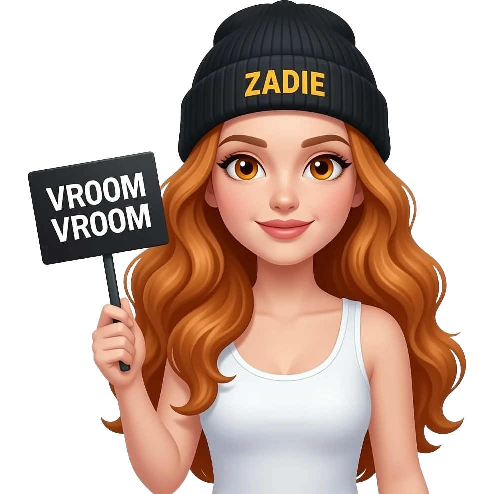 sexy girl with overlong wavy ginger hair and ginger eyes wearing a white tanktop and a black beanie with ZADIE written on it, is holding a black sign with VROOM VROOM written on it emoji