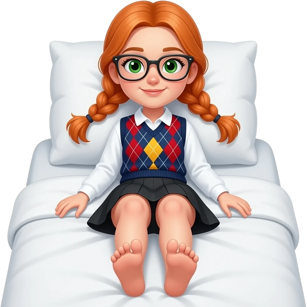 17 year old white woman green eyes orange braided pigtails rectangle glasses white long sleeved polo argyle dark blue red and yellow vest black skirt laying down on her pillow in bed showing her feet wiggling her toes emoji