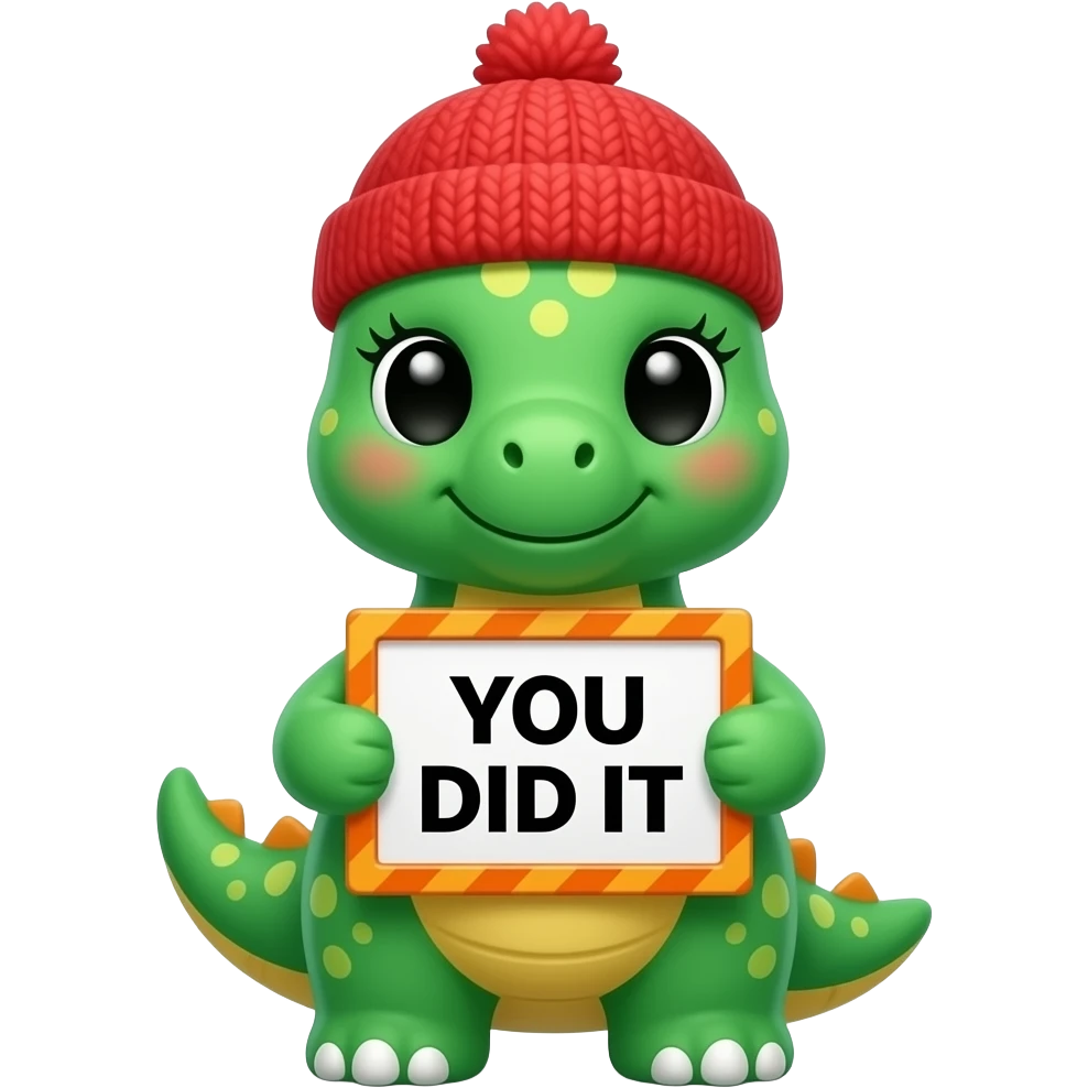 Create a super cute stuffed kawaii green and yellow gradient Animal which Looks Like a Brachiosaurus with big eyes and long eyelashes and with a red winter hat holding a orange zig zag frame sign with in front of its chest that says in a funny bold black font "YOU DID IT" emoji