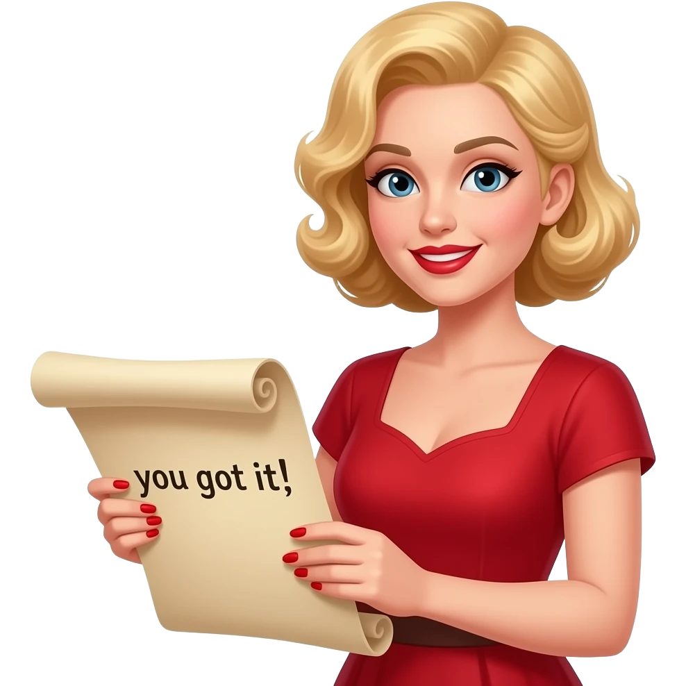 Short blond hair in tight curly side swept Holding an open scroll saying you got it with red nail polish, brown lipstick and red vintage dress emoji