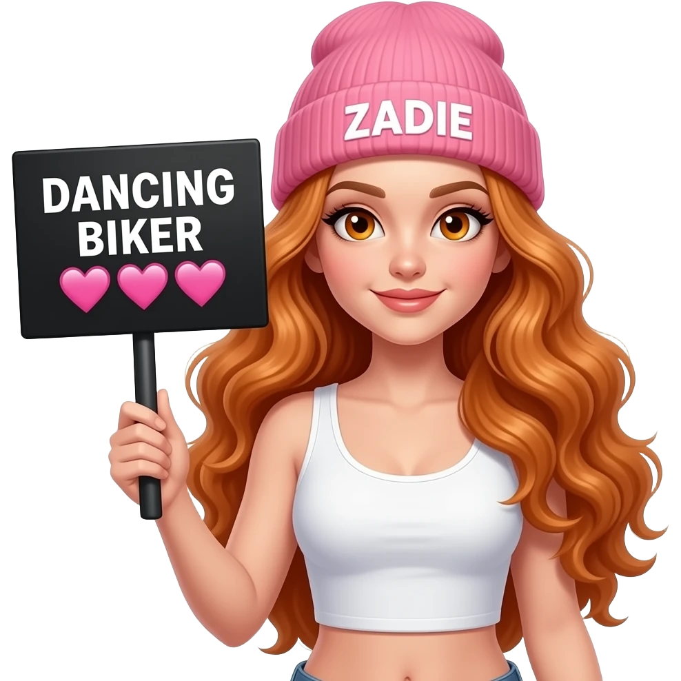 TEXT_sexy girl with overlong wavy ginger hair and ginger eyes wearing a white tanktop and a pink beanie with ZADIE written on it, is holding a black sign with DANCING BIKER 🧡🧡🧡🧡🧡 written on it emoji