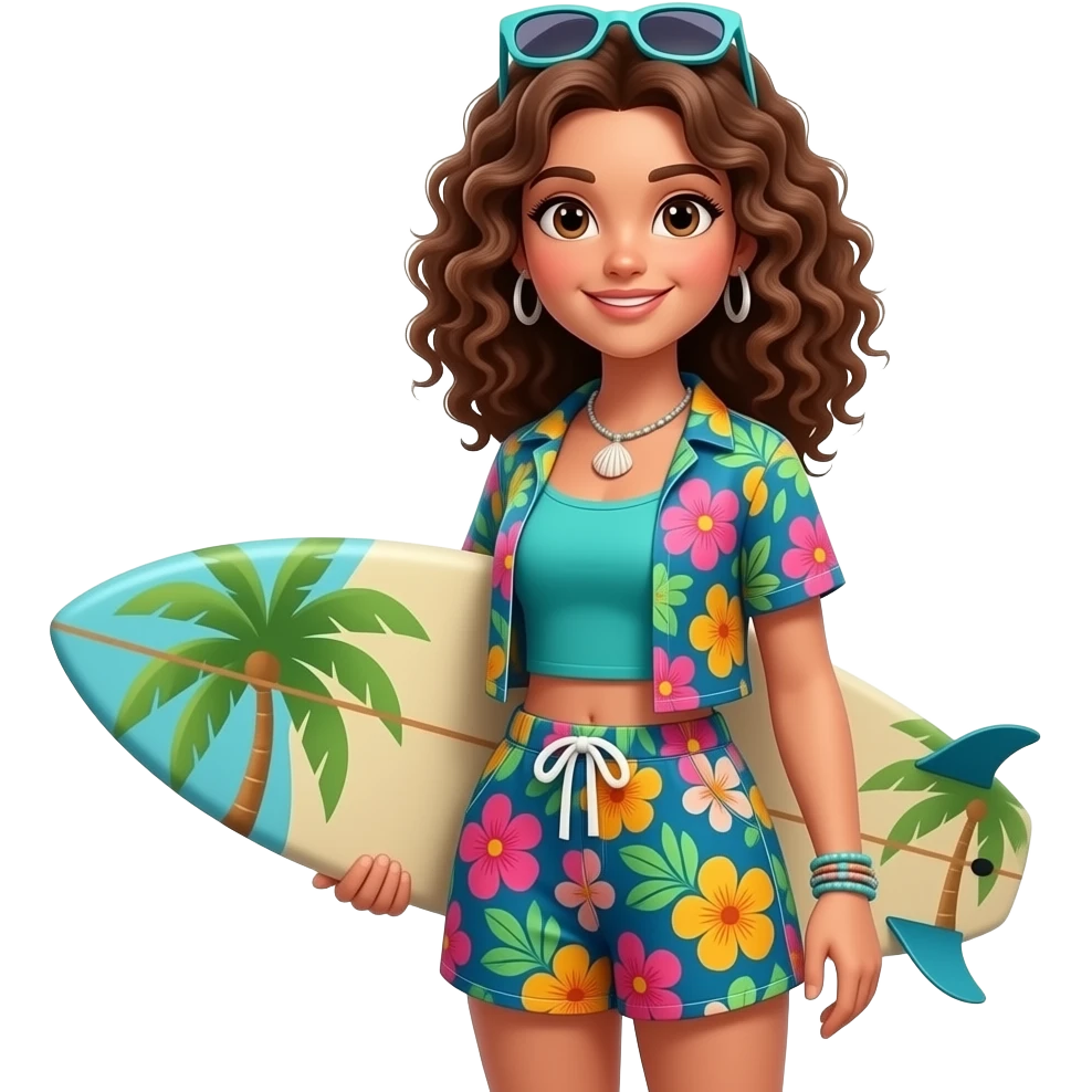A cute 3D render of a woman with curly brown hair, wearing a teal tank top, a colorful floral print short-sleeved shirt, and matching floral print shorts. She is holding a surfboard with a tropical design. She has sunglasses perched on her head and is wearing a shell necklace and bracelets. emoji
