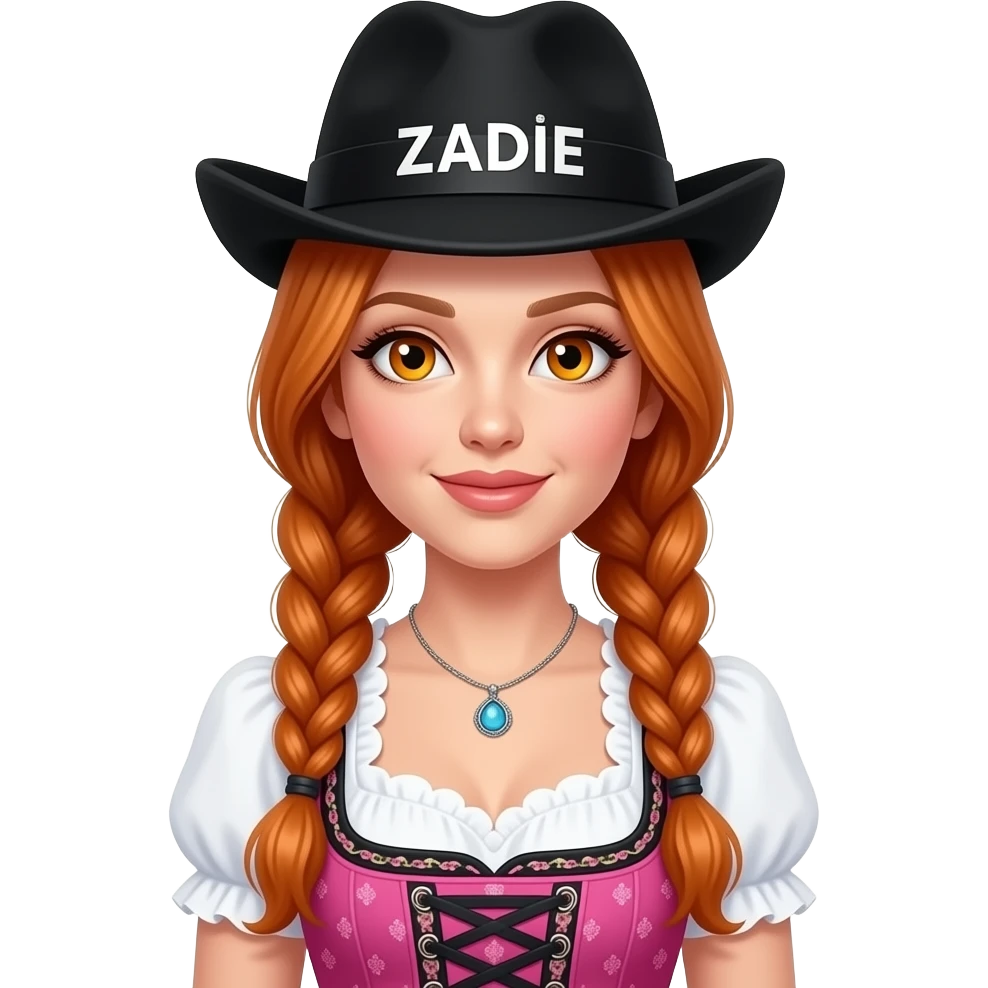 sexy girl with overlong ginger braids and ginger eyes is wearing a pink dirndl and a black bavarian hat with ZADIE written on it emoji