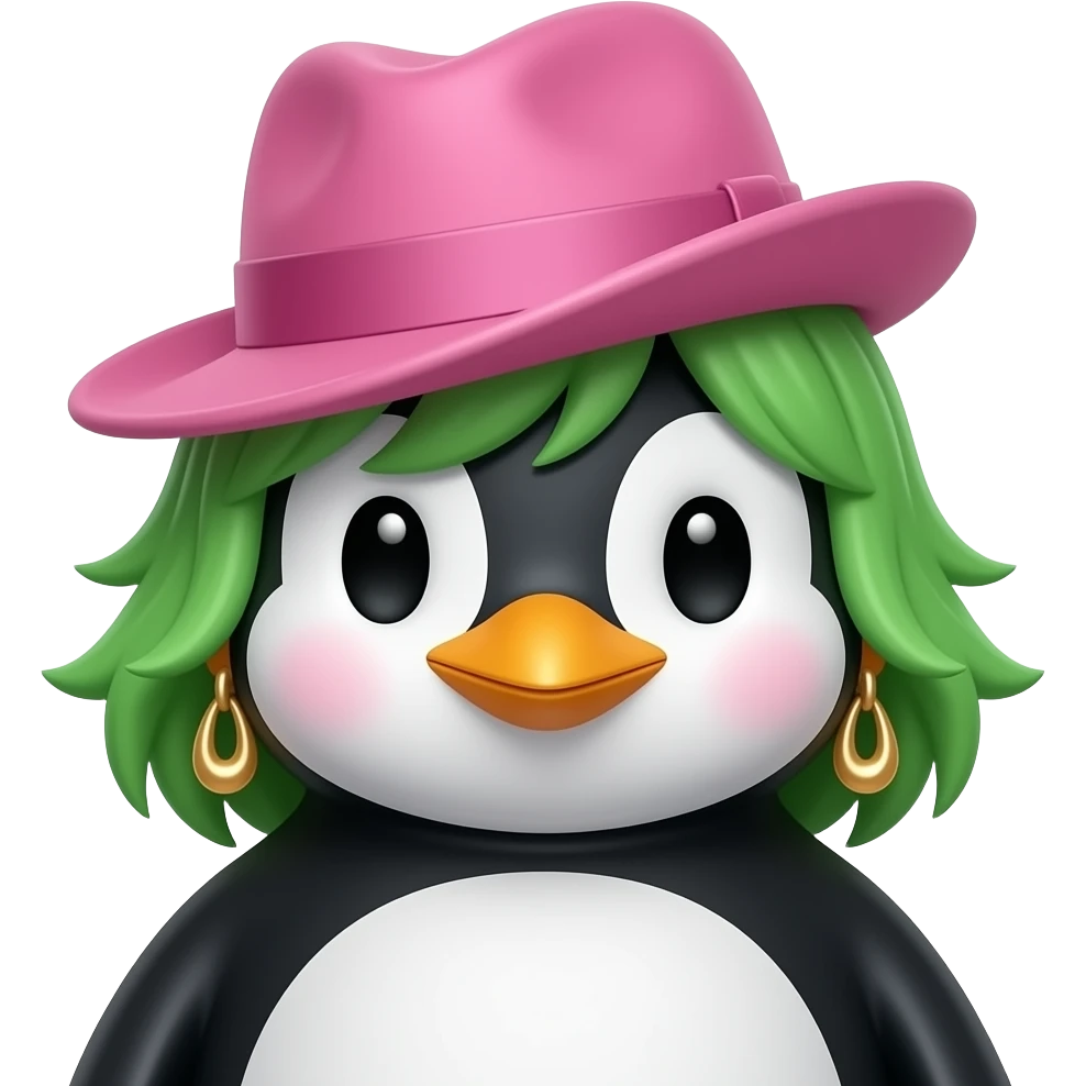 penguin with green hair, pink fedora hat and big earrings, just face emoji