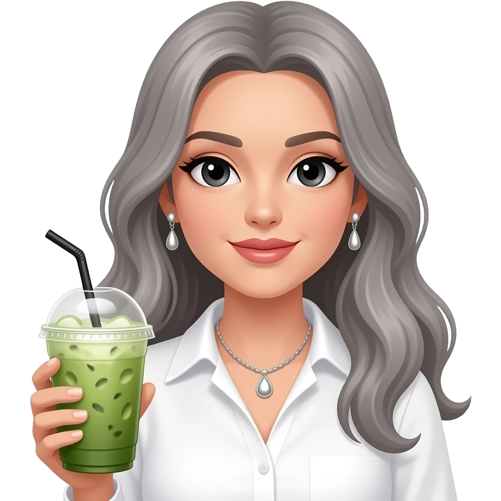 rich lady with black eyes and grey long hair, wearing a white blouse and silver earrings and necklace, having an iced matcha latte emoji