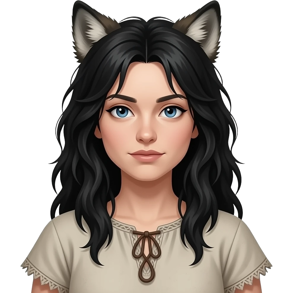 > “Female lycan portrait, long messy black hair, wolf ears, simple villager clothes, rough ordinary face, dark fantasy style” emoji