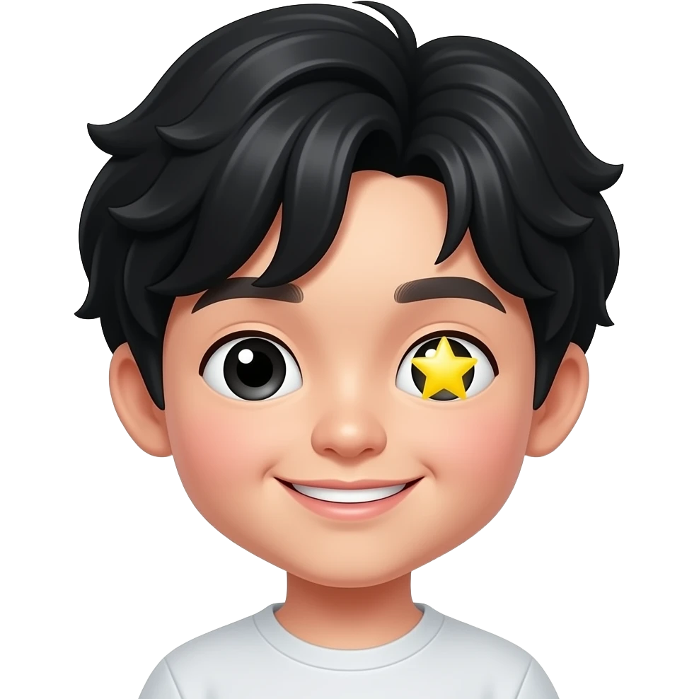 Cute Korean boy emoji, black wavy bangs, round monolid eyes, mole under right eye, high nose, soft lips, playful smile, eyes are bright yellow stars emoji