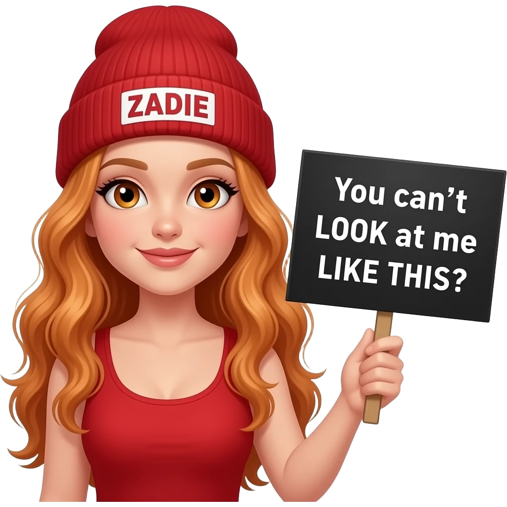 sexy girl with overlong wavy ginger hair and ginger eyes wearing a red tanktop and a red beanie with ZADIE written on it, is holding a black sign with You can't LOOK at me LIKE THIS? written on it emoji